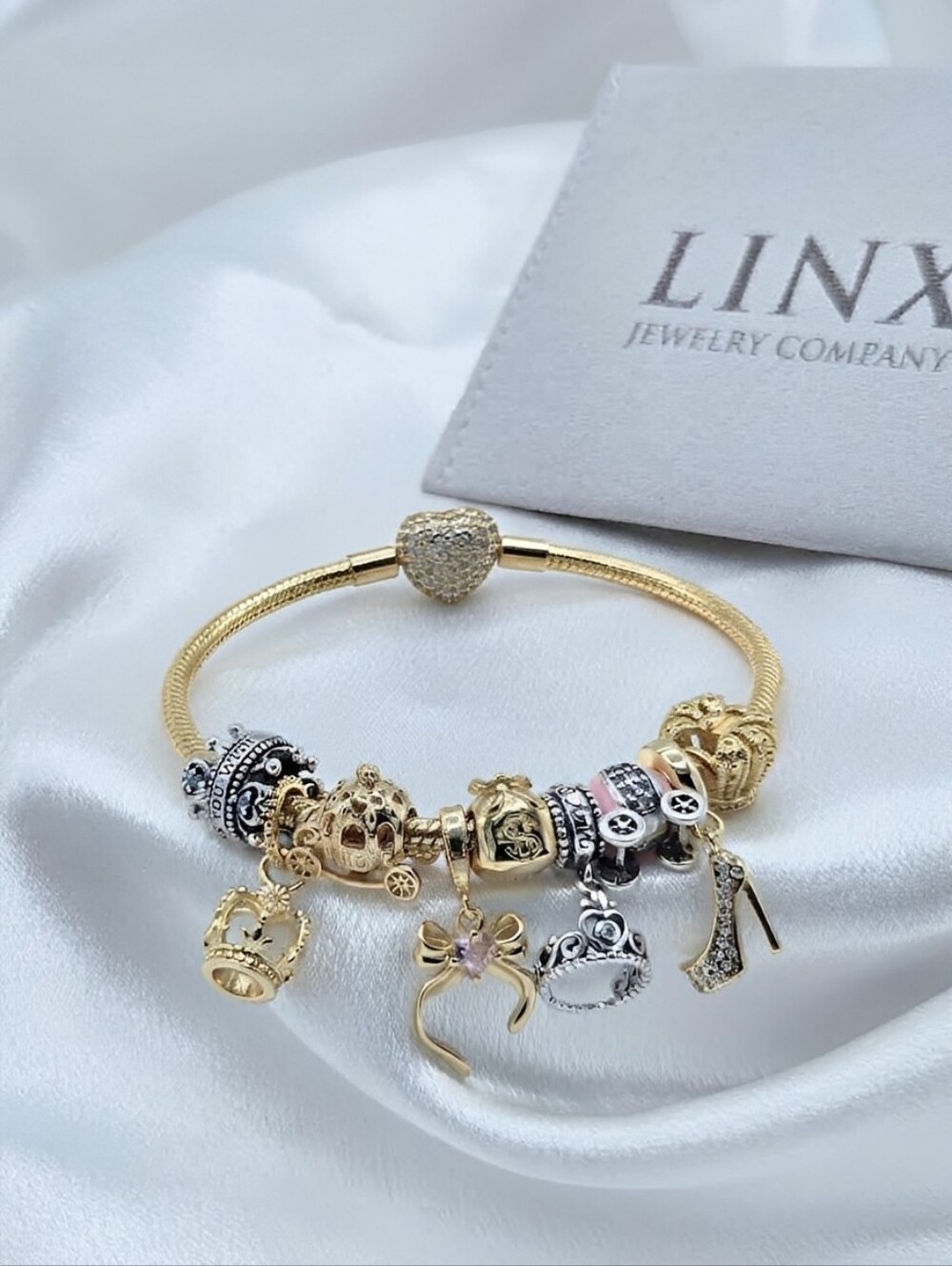 Linx Gold Snake Chain Bracelet With Heart Clasp & Princess Themed Charms
